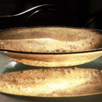 Large, decorative bowl, iridized bronze art glass, 15 1/2″