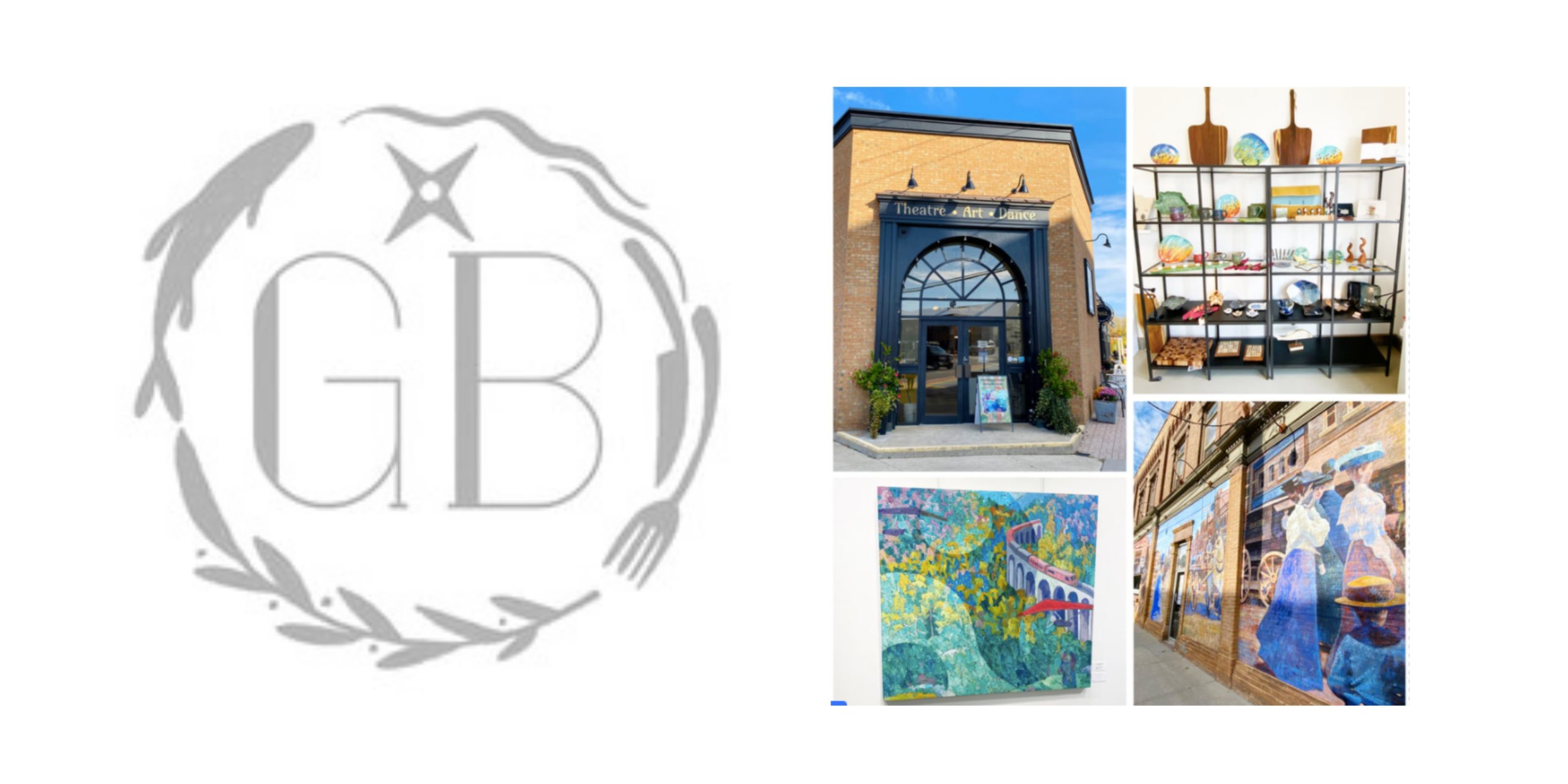 GB logo and 4 iamges of the simcoe street building, art shop shelves, a painting and exterior wall mural.